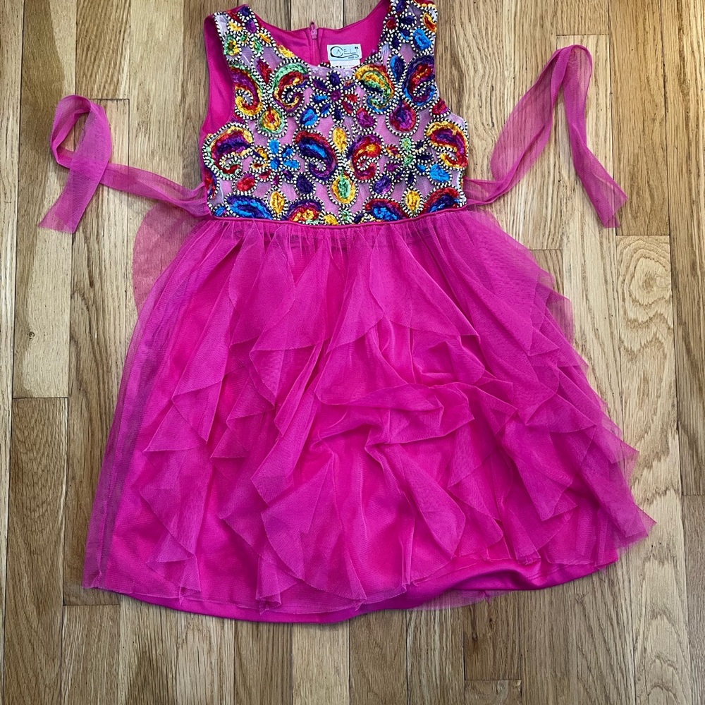 Vintage Girls size 6 Colorful Embroidered Pink Dress